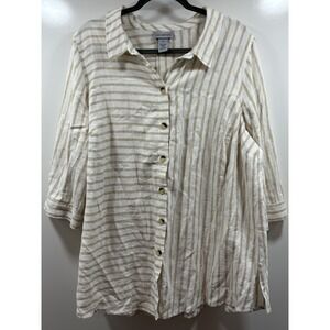 Catherines Linen Blend Button Up Tunic Shirt Size 0X Tan White Stripe 3/4 Sleeve